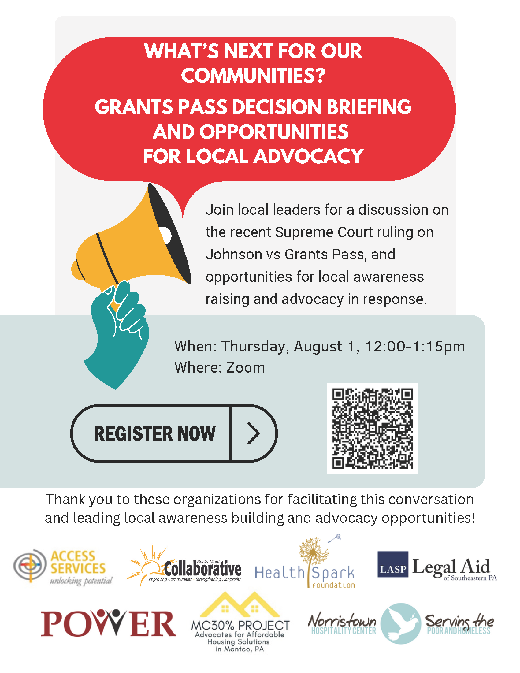 Event flyer: What's Next for Our Communities? Grants Pass Decision Briefing and Opportunities for Local Advocacy