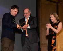 Barry & Marie Lipman presenting the 2023 Lipman Family Grand Prize award to Björn Söderberg, Co-Founder & CEO of Build up Nepal (Photo: Rebecca Barger)